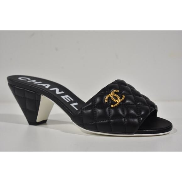 Chanel REV Black Lambskin Quilted CC Gold Logo Cone Heel Mule Slide Sandal 37 - Picture 5 of 11